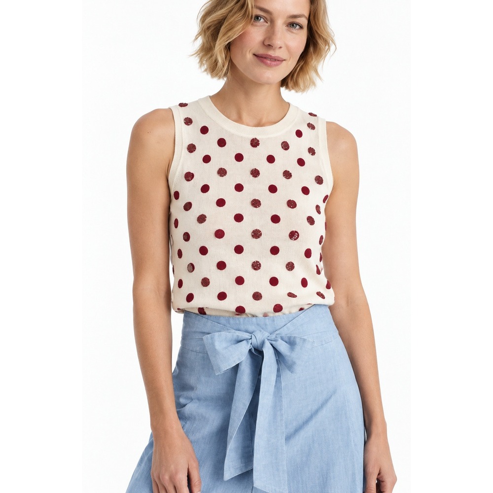 J.Crew Merino Wool Polka Dot Sequin Sweater Vest Ivory Red M Shell Top
